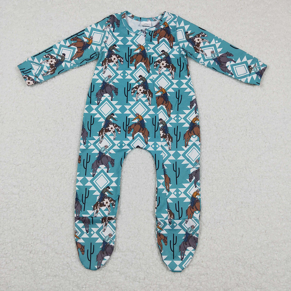 Baby boys horse aztec zip footie rompers