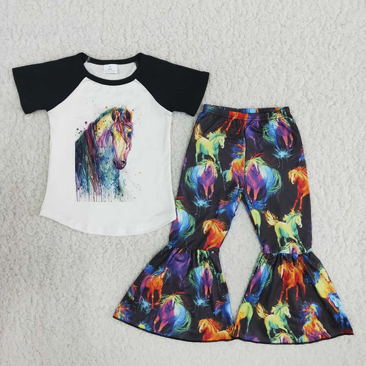 Baby Girls Colorful Western Horse Bell Pants Clothes Sets