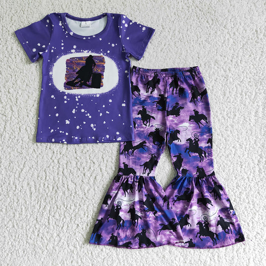 Baby girls purple western horse bell pants clothes sets
