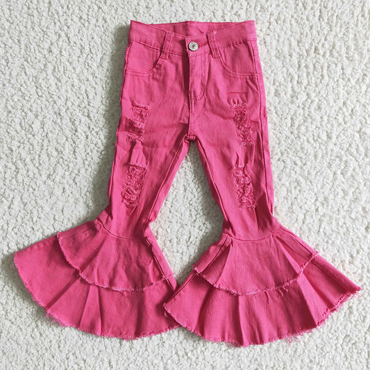 Baby girls hotpink distressed denim double ruffle Valentines Flare bell pants