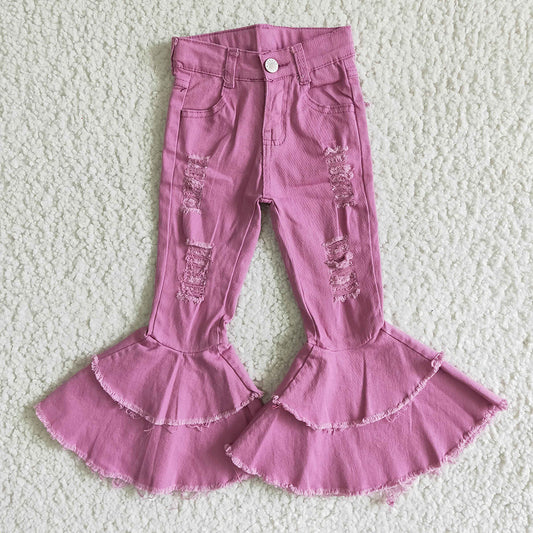 Baby girls lavender distressed denim double ruffle bell pants