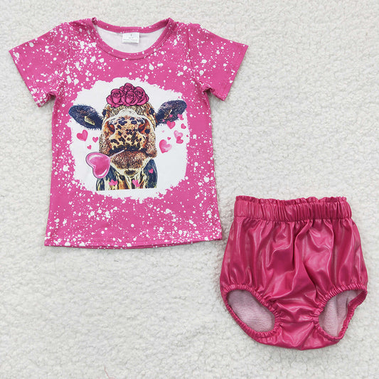Baby Girls Cow Hotpink Pleather Bummie Sets