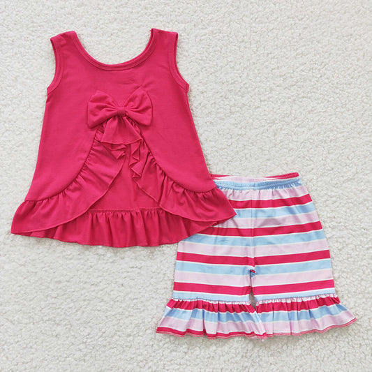 Baby Girls Hotpink Bow Tunic Stripe Ruffle Shorts Clothes Sets