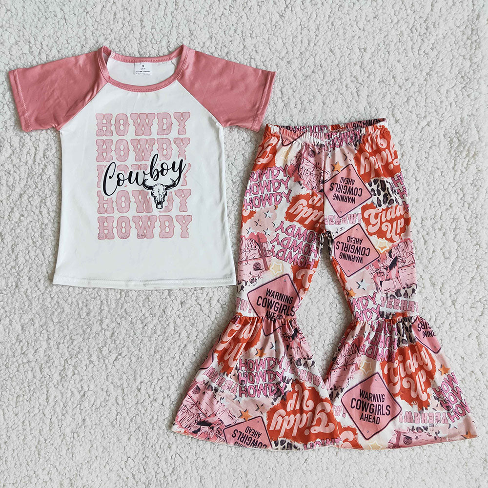 Baby Girls pink howdy western cowboy bell pants sets