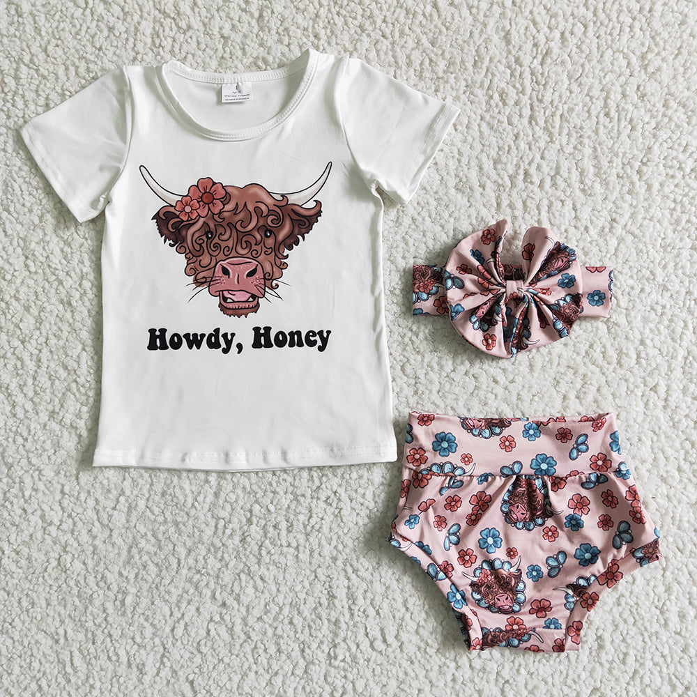 Baby girls howdy honey cow western summer bummie sets(can choose headband here)