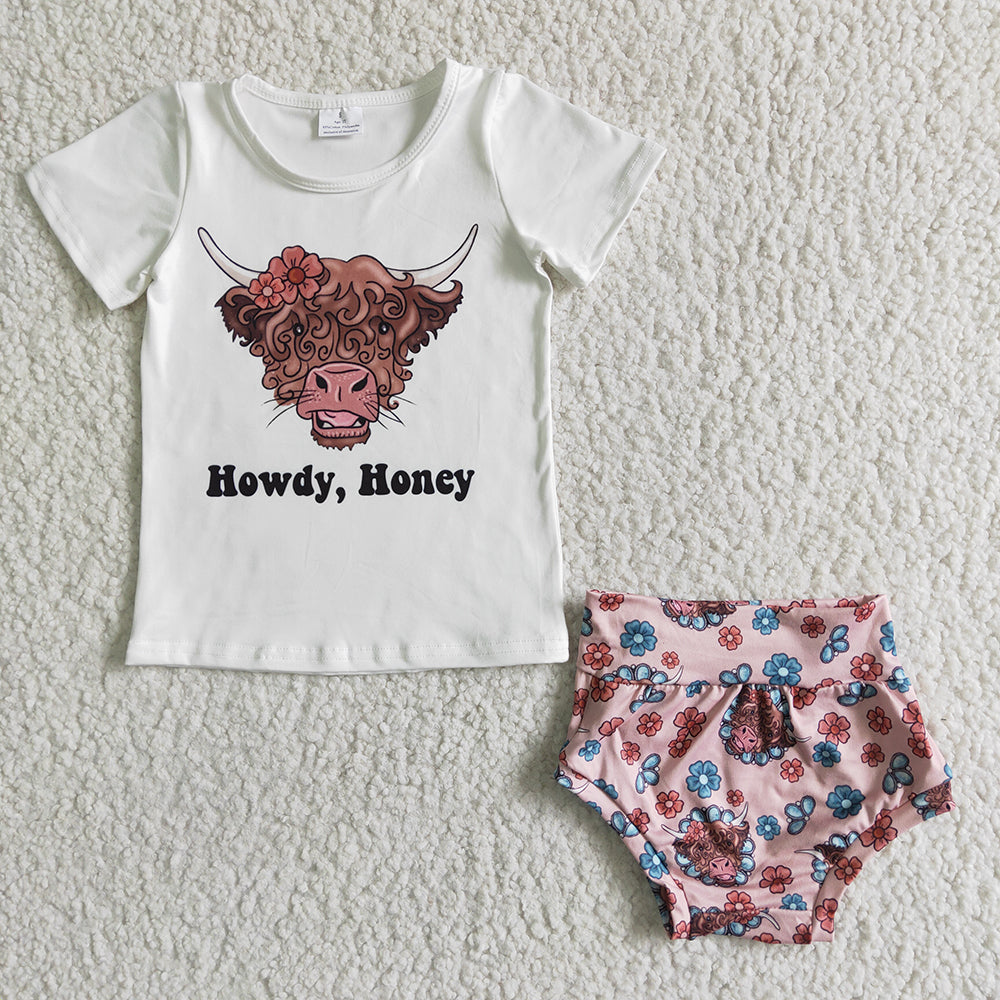 Baby girls howdy honey cow western summer bummie sets(can choose headband here)