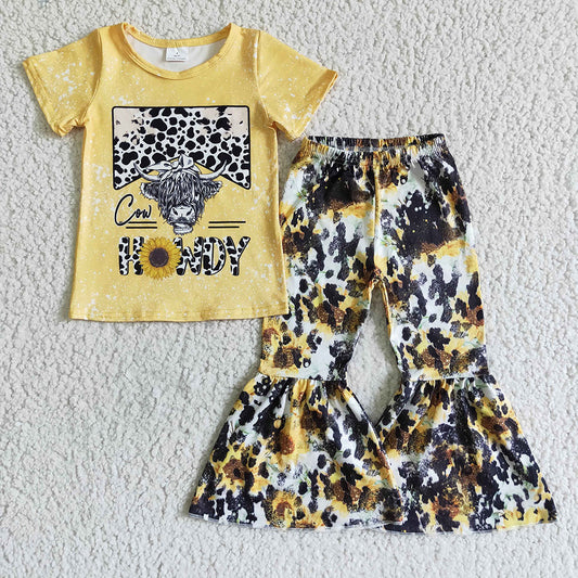 Baby Girls western howdy yellow cow bell pants outfits