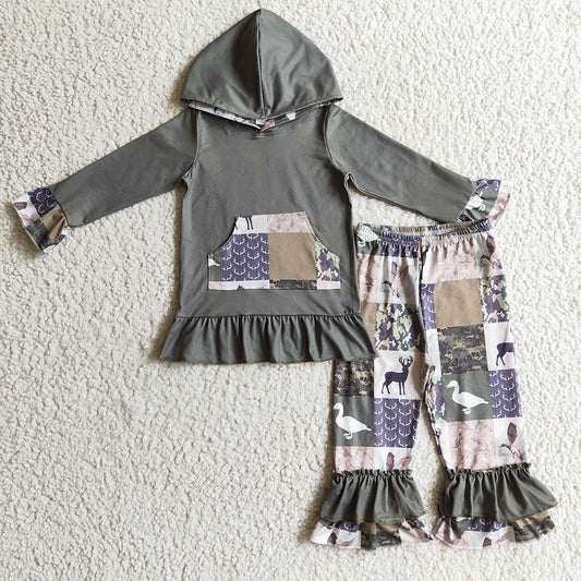 Baby Girls Hunting Hoodie Top Ruffle Pants clothes sets