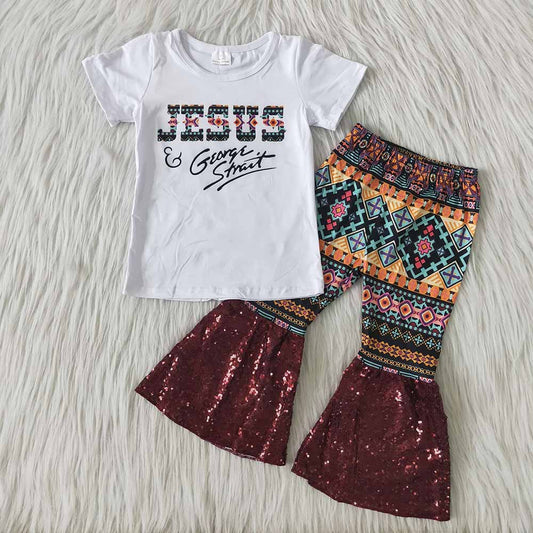 Jesus sequin bell bottom pants sets