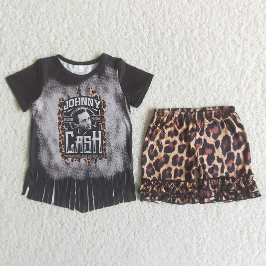 Tassels black T-shirt loepard Shorts sets