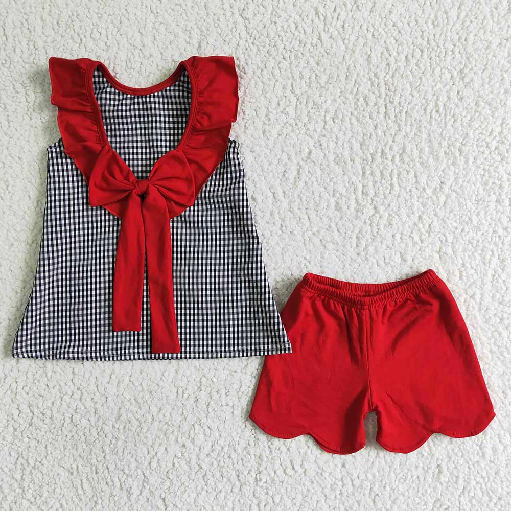 Baby girls 4th of July embroidered big bow shorts sets