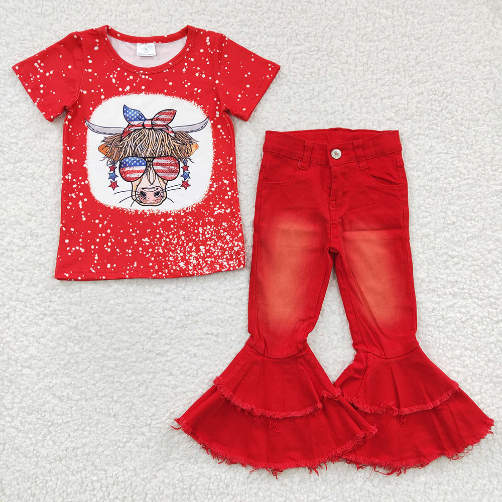 Baby Girls Western 4th Of July Cow Denim Bell Pants Clothes Sets