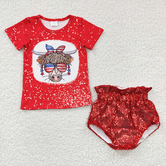 Baby Girls Western 4th Of July Cow Red Sequin Bummie Clothes Sets