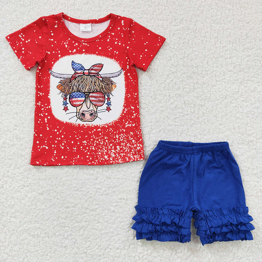 Baby Girls Western 4th Of July Cow Blue Icing Shorts Clothes Sets