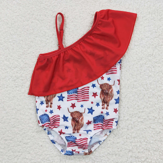 Baby Girls 4th Of July Highland Cow One Piece Bathing Suits Swimsuits