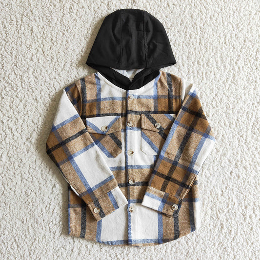 Baby kids brown plaid hoodie pocket shirts flannel tops