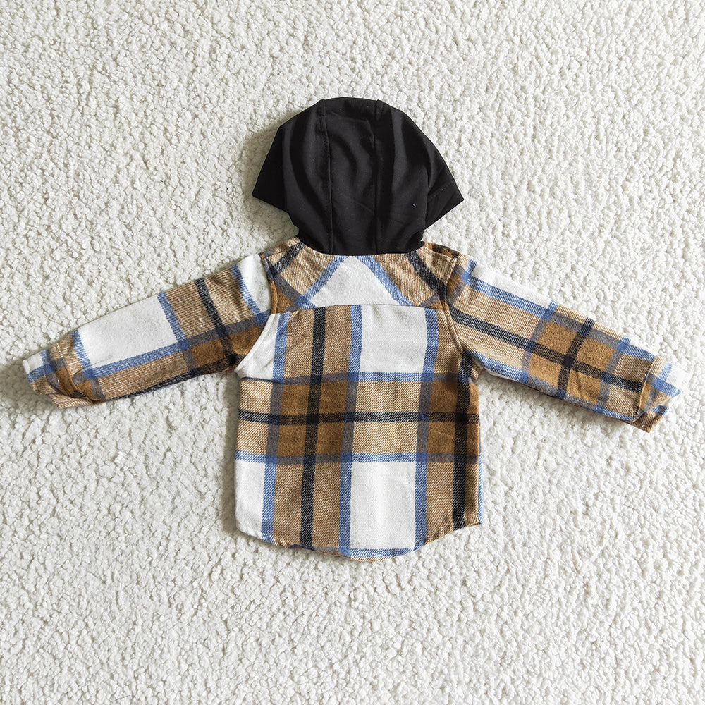 Baby kids brown plaid hoodie pocket shirts flannel tops