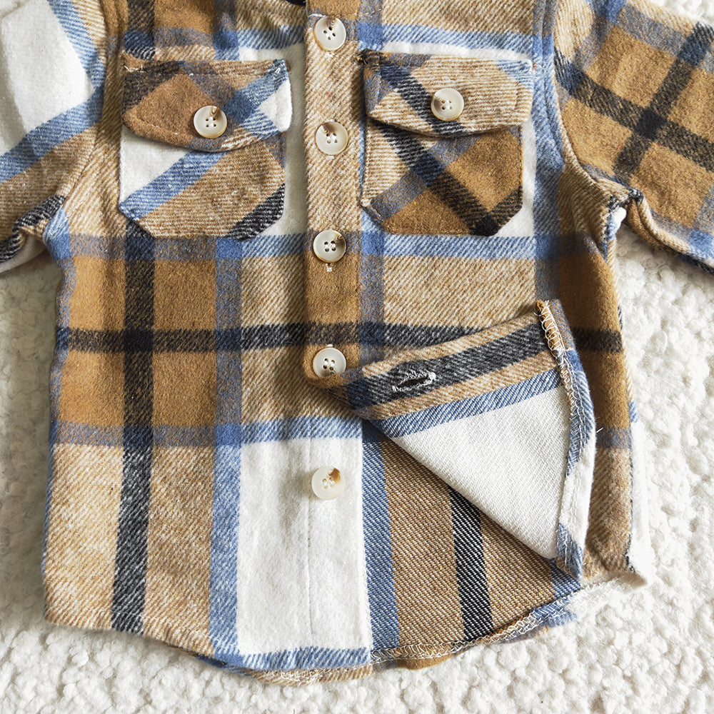 Baby kids brown plaid hoodie pocket shirts flannel tops