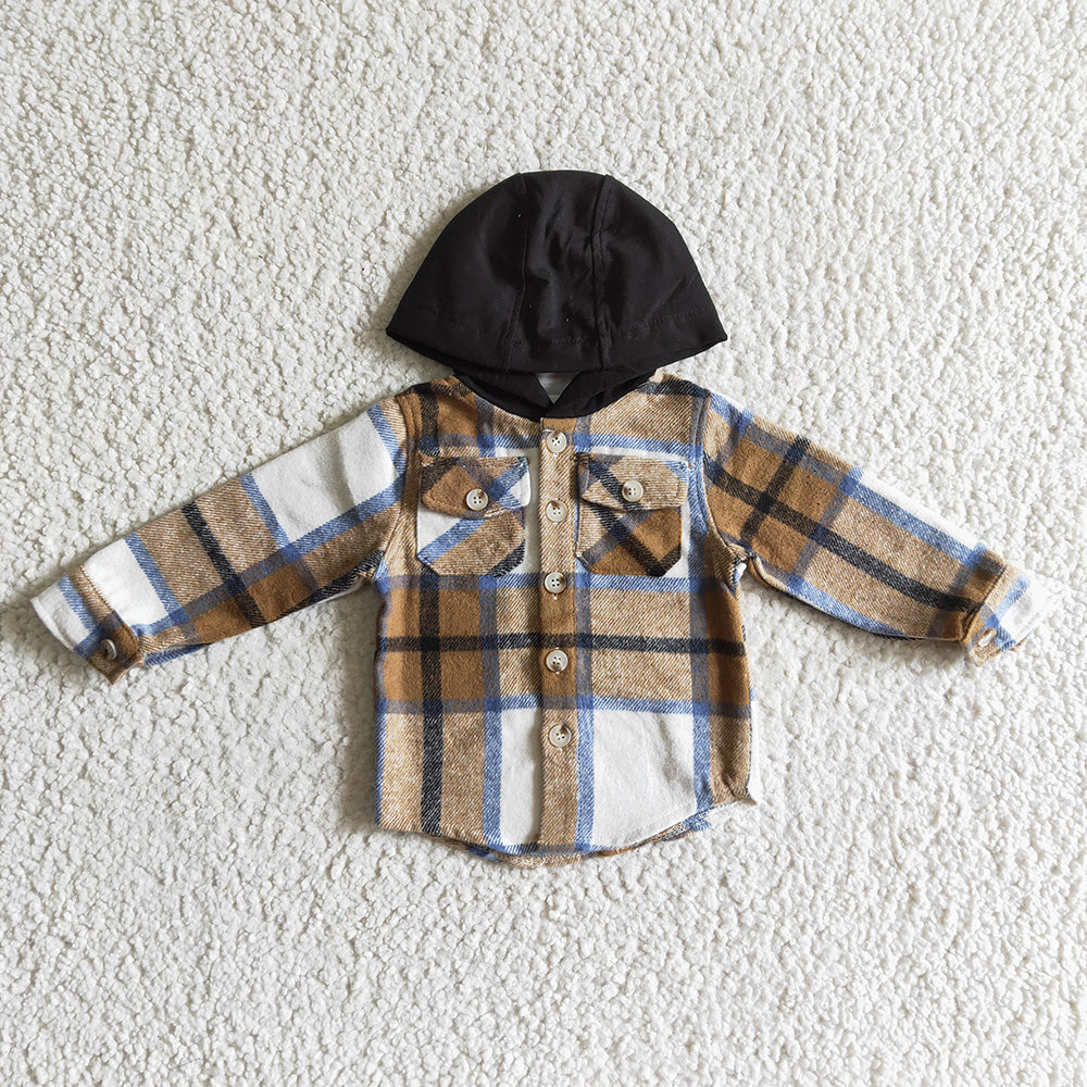 Baby kids brown plaid hoodie pocket shirts flannel tops