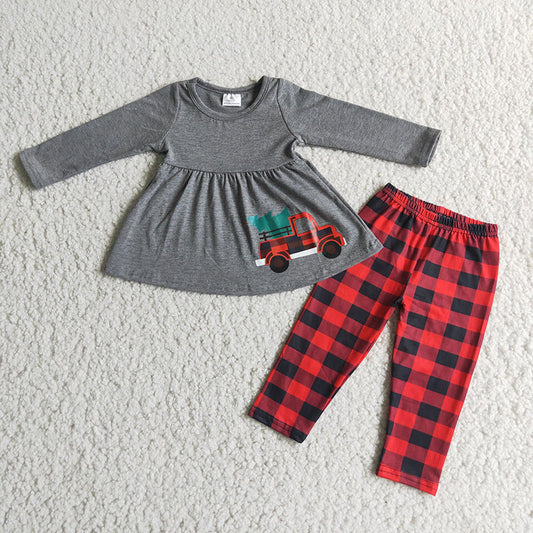 Girls Christmas plaid tractor Car Legging set