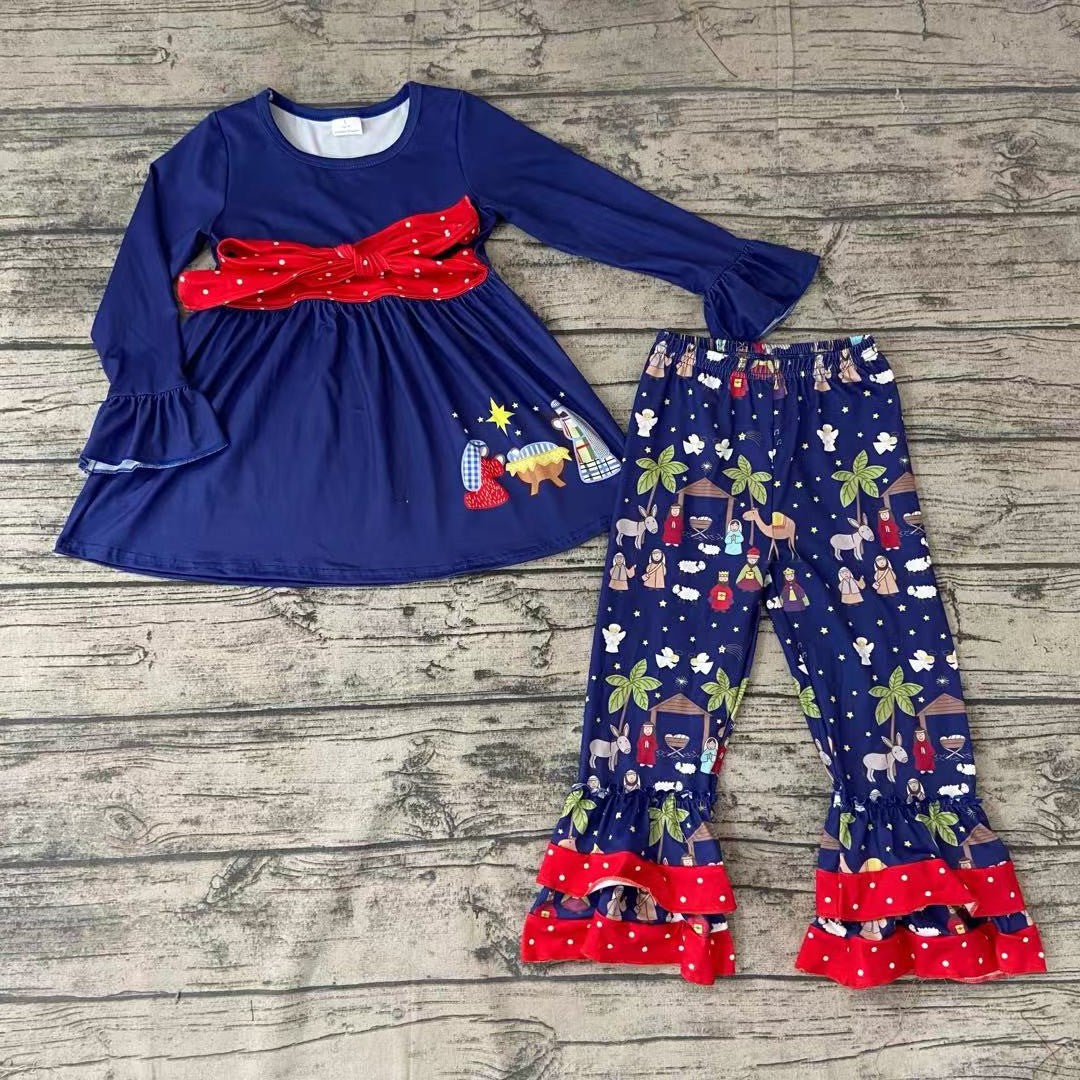 Girls Nativity Navy ruffle pants sets 1