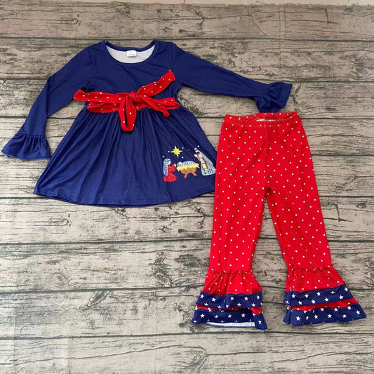 Girls Nativity Navy ruffle pants sets 2