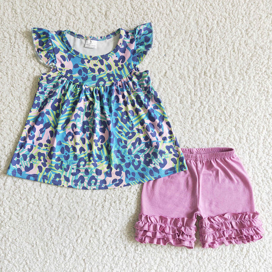 Baby girls summer purple leopard tunic ruffle shorts sets