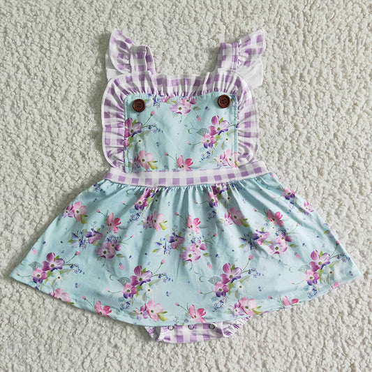 Baby girls summer purple floral ruffle bubble rompers