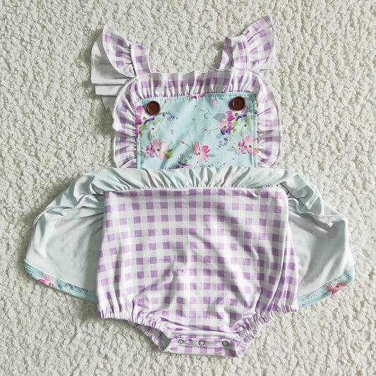 Baby girls summer purple floral ruffle bubble rompers