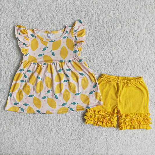 Yellow Lemon puffy sleeves ruffles shorts set