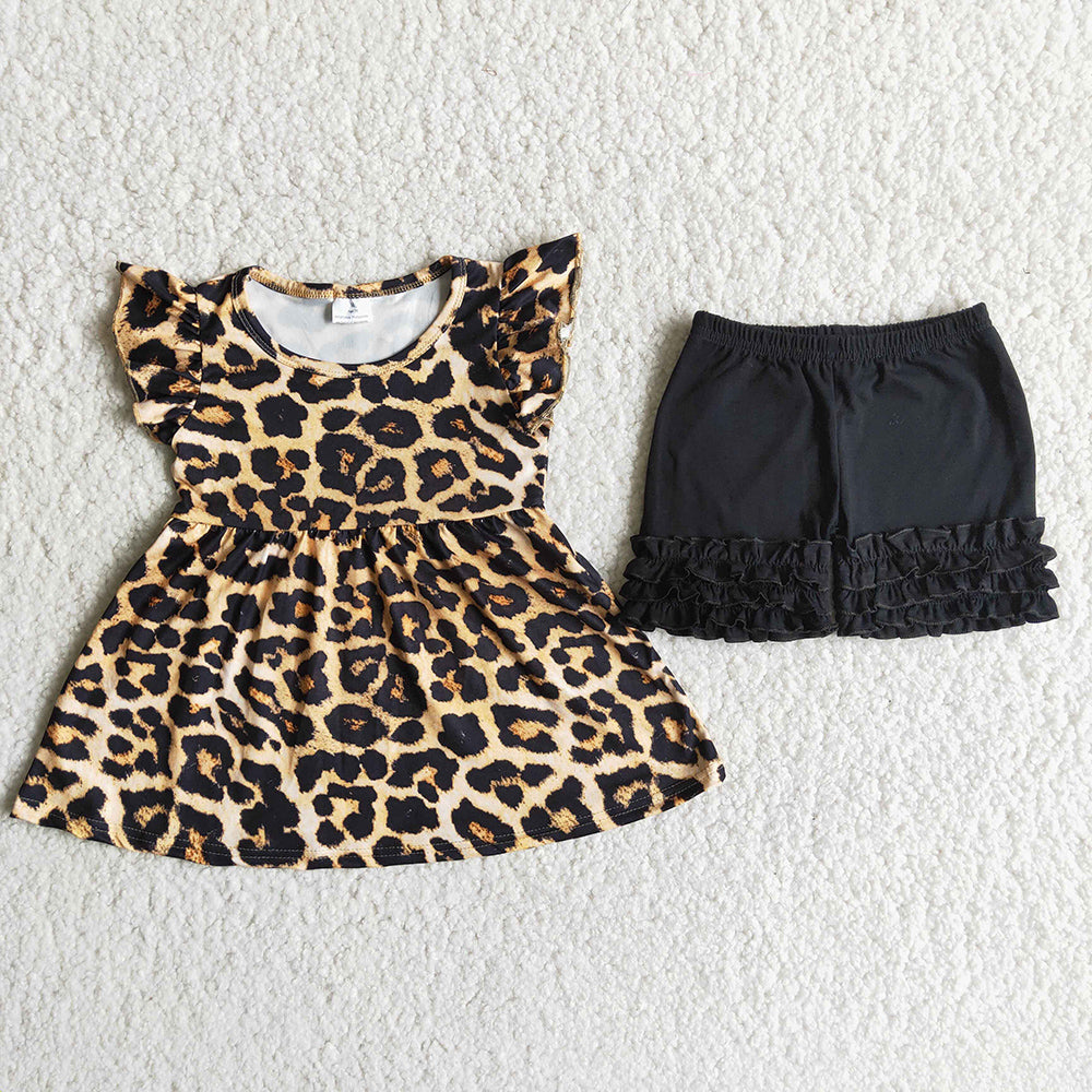 Leopard puffy sleeves ruffles shorts set