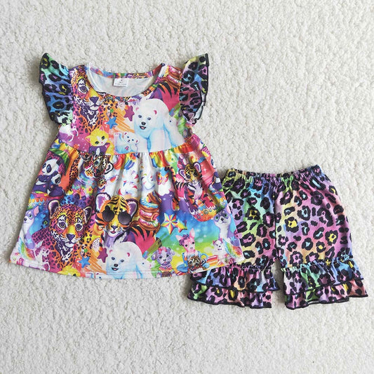 Colorful Leopard puffy sleeves ruffles shorts set