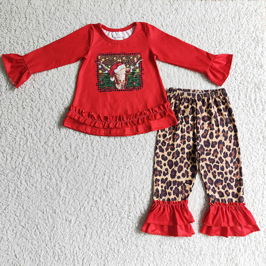 Baby Girls Christmas cow leopard Double ruffle Pants Clothes Sets