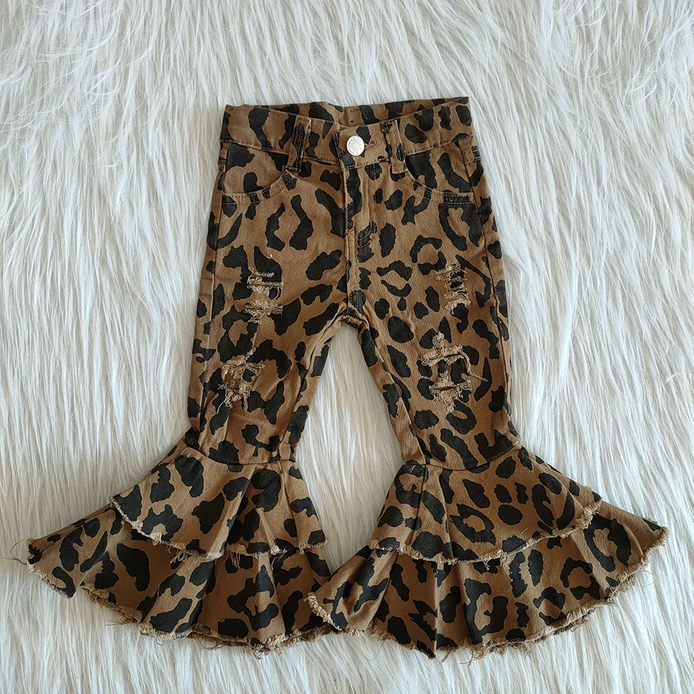 Leopard double ruffle denim pants Jeans