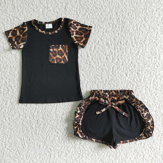 Children leopard black sports shorts sets