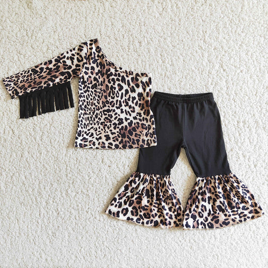 Children western leopard tassel boutique bell pants sets
