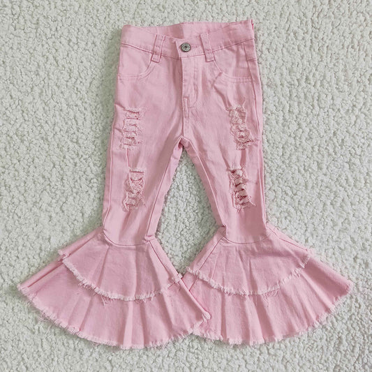 Baby girls boutique light pink double ruffle denim pants jeans