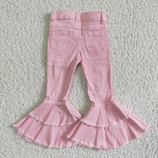 Baby girls boutique light pink double ruffle denim pants jeans