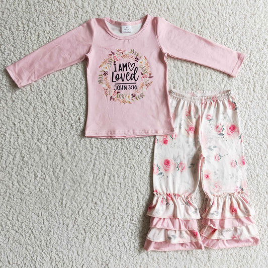 baby Girls Pink Floral I am loved ruffle pants sets