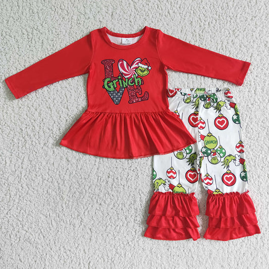 Christmas love grin baby girls ruffle pants clothes sets