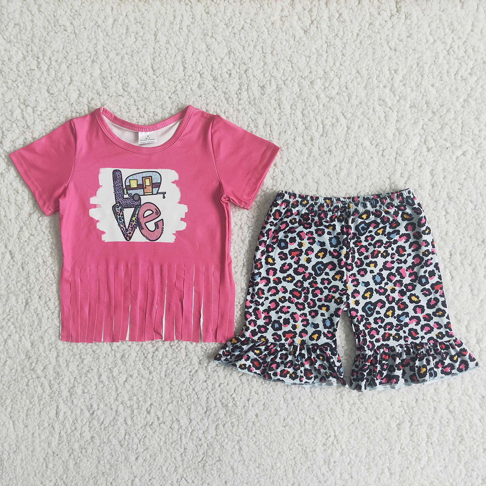 Tassels Pink leopard ruffles Shorts sets