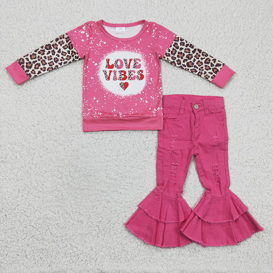 Baby Girls Love Vibes Valentines Shirt Denim Pants clothes sets