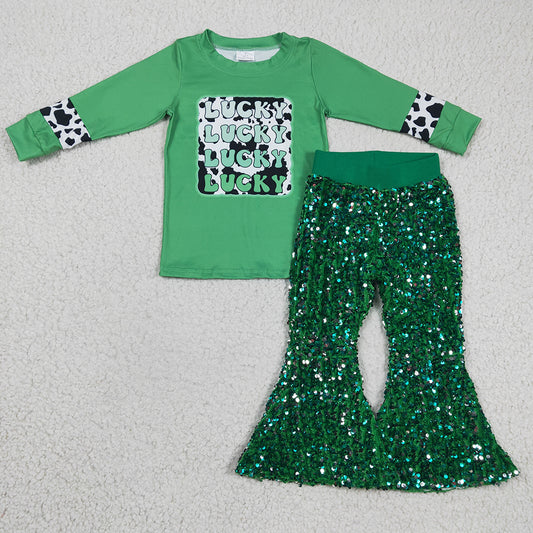 Baby Girls Lucky St Patrick Day Sequin Pants Clothes Sets