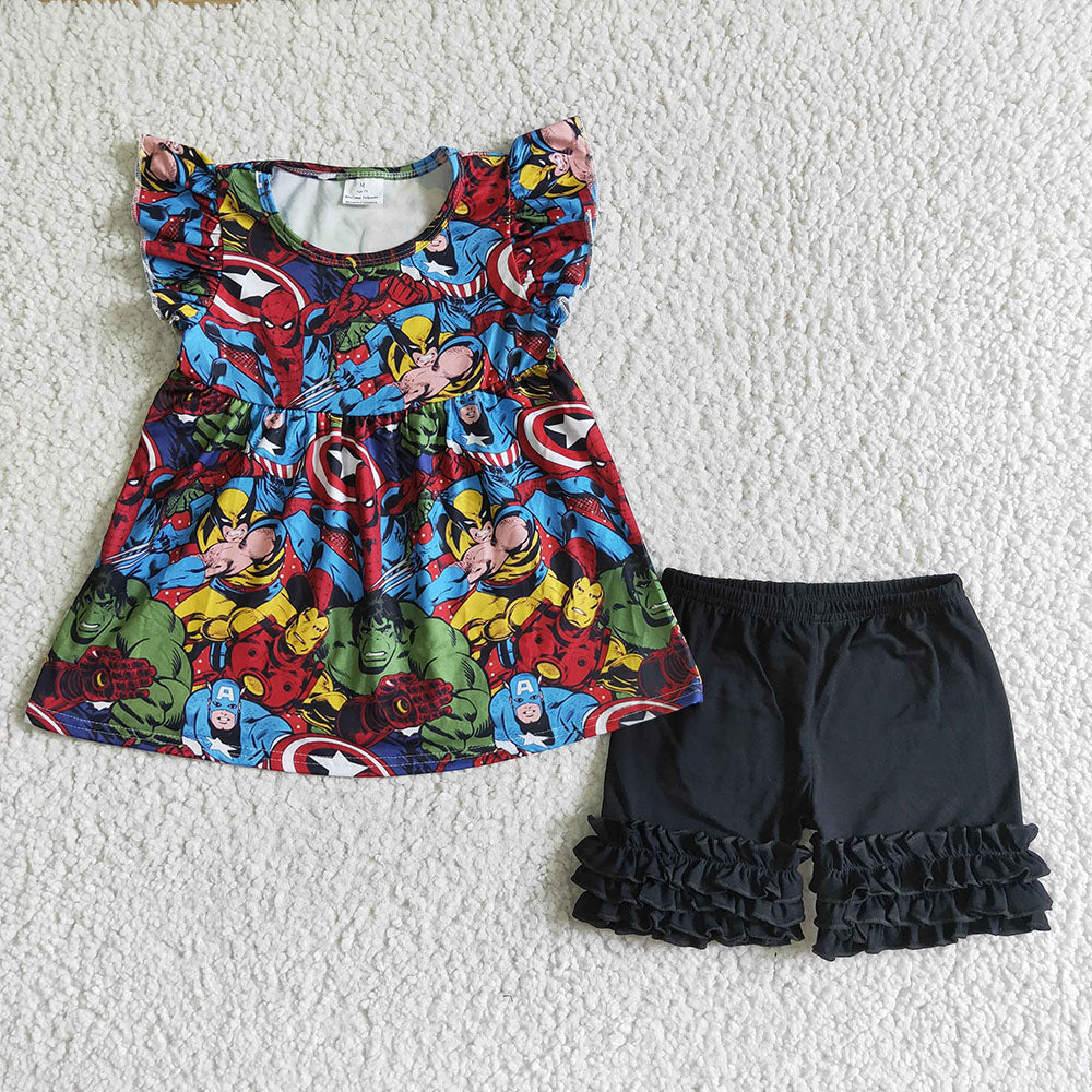 Baby girls flutter sleeve cartoon shorts sets