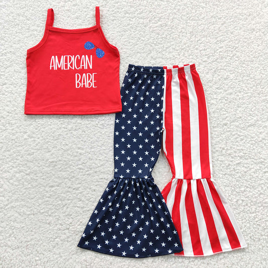Baby Girls 4th of July American Babe Bell Pants Clothes Sets