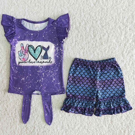 Purple Fish scale ruffles Shorts sets