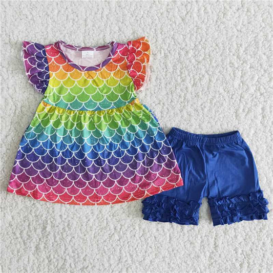 Colorful scale exquisite ruffles shorts set