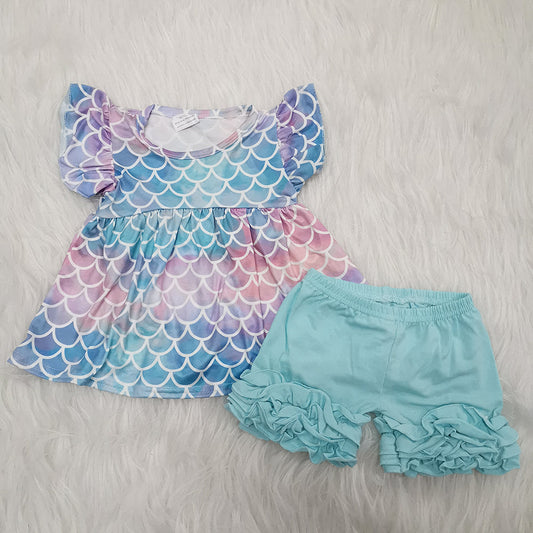 Colorful scale exquisite ruffles shorts set