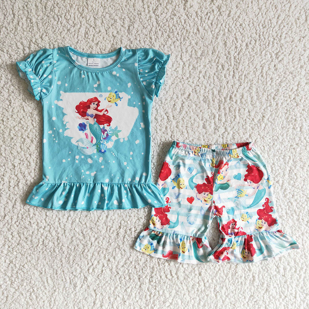 Baby girls summer mermaid ruffle shorts clothing sets