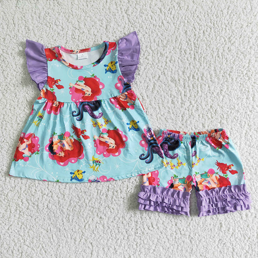 Children mermaid princess summer shorts sets